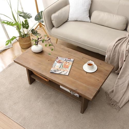 Farmhouse Wood Coffee Table - 43.4” Mid Century Modern Wooden Coffee Tables for Living Room, Solid Firwood Tabletop Rectangle Coffee Table, Center Table for Living Room, Brown - Brown thumbnail 6