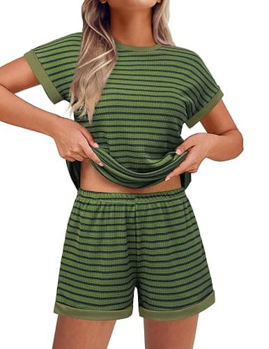 EKOUAER 2 Piece Sets for Women Summer Outfits Cute Stripe Knit T Shirts Shorts Matching Lounge Set - Image 1