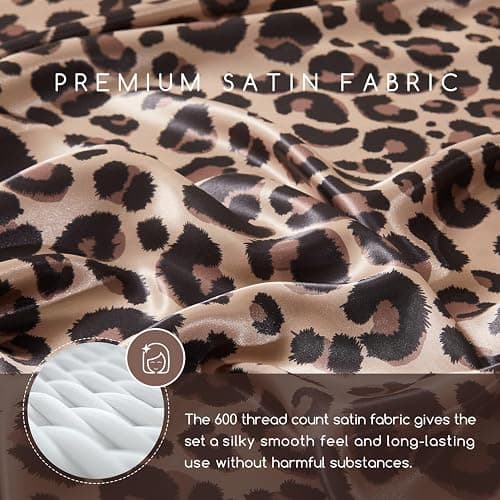 MR&HM Satin Sheets Full Size with Elastic Corner Straps, Brown Leopard | Similar to Silk, 4-Piece Silky Soft Bed Sheet Set, Gentle on Skin and Hair, 15" Deep Pocket, Cooling & Breathable thumbnail 2
