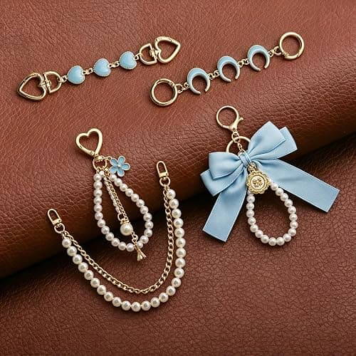 VentuSilvum 5 Pcs Pearl Bag Chain Extender Set, Gold Purse Strap with Ribbon Bow Keychain, Cute Charm Accessories for Handbag thumbnail 7
