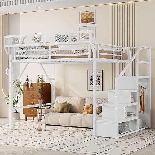 KEIKI Queen Size Metal Loft Bed Frame with Convertible Staircase, Built-in Storage Shelves and Wardrobe, Loft Bed with Solid Slats, Guardrail, No Box Spring Required, Easy Assembly, for Bedroom, White - Image 1