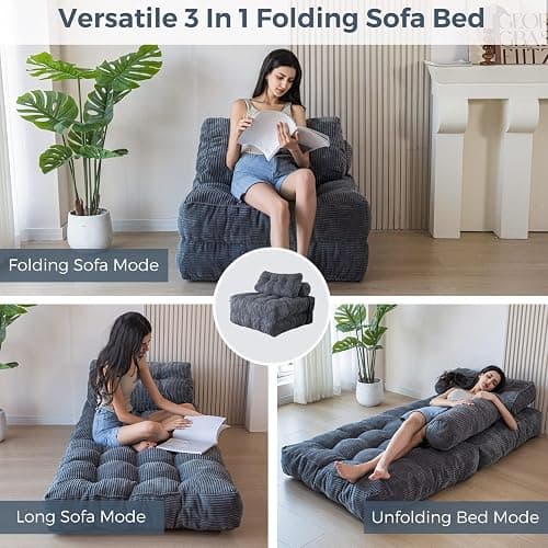 MAXYOYO Folding Sofa Bed, Convertible Chair Bed with Pillow | Foldable Couch with Back Support, Portable Fold Out Chair Comfy Floor Sofa for Living Room Bedroom, Dark Grey, Single thumbnail 3