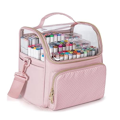 Rexmica Large Marker Organizer Case for 180 Markers, Marker Storage Bag with Dividers and 4 Pockets for Paint Markers, Paint Brushes, Colored Pencils or Other Art Supplies, Black (Patented Design) - Pink - Image 1