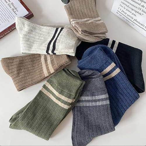 TeenFighter 7 Pair Pack Men's Retro Double Bar Cotton Socks - Vintage Design Crew Socks with Breathable Soft Fabric for Casual & Athletic Wear thumbnail 6