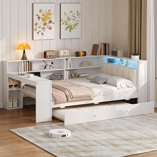 Merax Multifunctional Twin Size Daybed with Trundle, Built-in Desk, Wood Corner Bed with 8 Storage Shelves, Charging Station, and Upholstered Headboard, Beige + White - Image 1