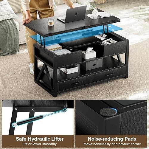 Memobarco 40" Lift Top Coffee Table,4 in 1 Multi-Function Lift Coffee Tables with Storage Drawers and Hidden Compartmen,Farmhouse Coffee Table with Lifting top for Living Room,Black thumbnail 5