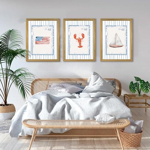 Wood Framed Blue Beach Stamp Set of 3 Canvas Poster Coastal Granddaughter Room Wall Art Decor Vintage Preppy Aesthetic Prints Artwork for Girly Dorm Apartment Ocean Home Decoration 12x16 Inch thumbnail 4