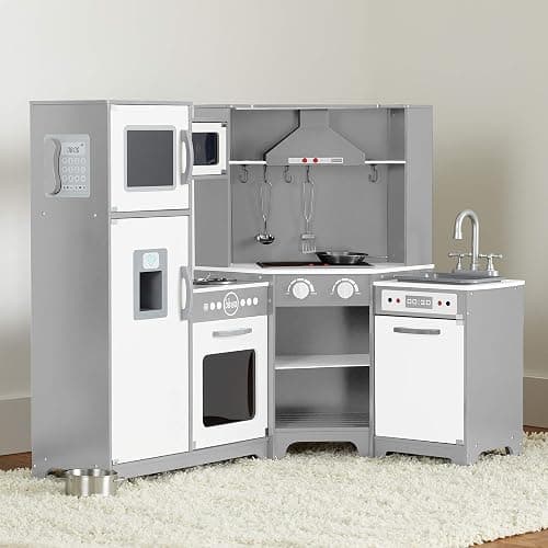 Amazon Basics Kids Corner Wooden Kitchen Toy Playset with Stove, Oven, Sink, Fridge and Accessories, for Toddlers, Preschoolers, Children Age 3+ Years, White & Gray, 39.37"L x 28.35"W x 35.04"H thumbnail 2