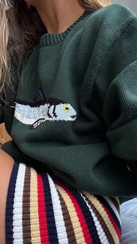 Y2k Fish Graphic Crochet Chunky Sweater Women Vintage Cottagecore Oversized Streetwear thumbnail 4