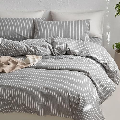 MooMee Striped Duvet Cover Set 100% Washed Cotton Linen Like Textured Breathable Durable Soft Comfy (Light Grey White Wide Stripes, Oversized Queen 98"x98") thumbnail 7