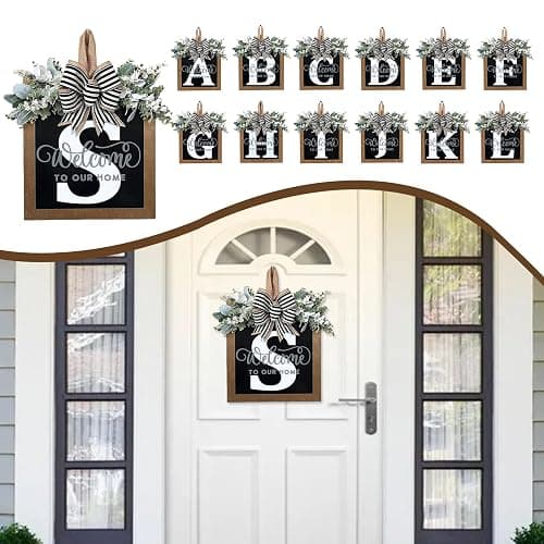 Ultra Large 14'' Last Name All Year Round Front Door Wreath with 26 Initial Letter Welcome Sign All Seasons Eucalyptus Garland and Bow Wreaths for Front Door Porch Farmhouse Decoration (S) thumbnail 5