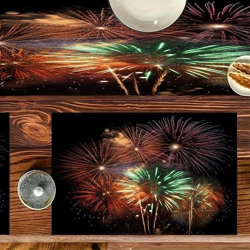 Splendid Fireworks Table Runner and Placemats of 6 Washable Heat Resistant Place Mats with Table Runner Vintage Holiday Table Mat Set for Holiday Party Kitchen Dining Deco thumbnail 4