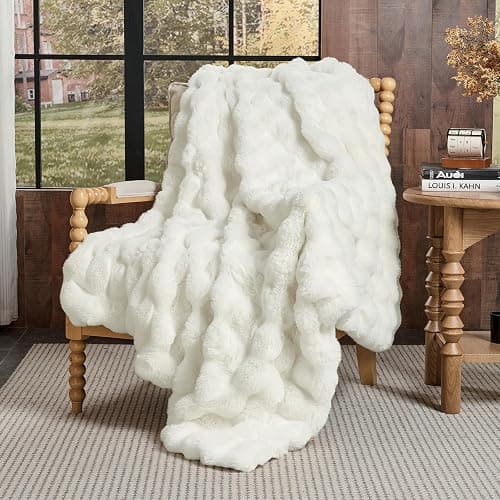 Lotus Karen Faux Fur Throw Blanket Cream White - Big Bubble Rabbit Fluff Blanket for Couch, Small Fluffy Fuzzy Cozy Blanket, Thick Furry Plush Shaggy Blankets, 50x60 Inches thumbnail 3