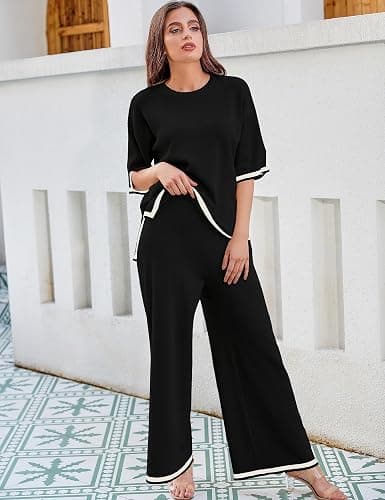 Tanming Sweater Sets Women 2 Piece Lounge Sets Short Sleeve Knit Pullover Tops Wide Leg Pants thumbnail 4