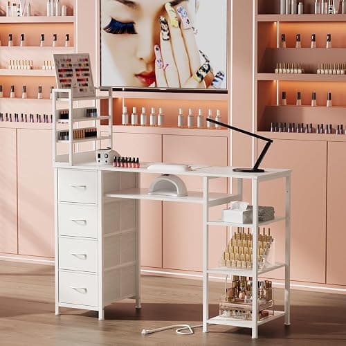 NinPeen Manicure Table Nail Desk for Nail tech with Drawers and Power Outlet,Nail Beauty Table with Storage and Open Shelves for Home,Workshop,Makeup Beauty Salon Workstation (White) thumbnail 2