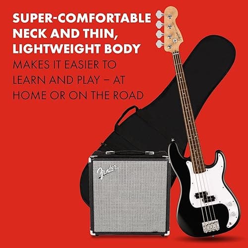 Fender Squier Debut Series Precision Bass Guitar Pack, Beginner Guitar Pack, 2-Year Warranty, Includes Rumble 15 Amplifier, Padded Gig Bag, Instrument Cable, and More, Black with Satin Urethane Finish thumbnail 4