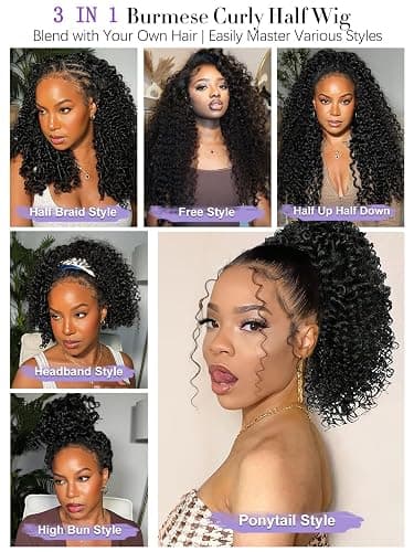 Legendhair Burmese Curly Half Wig Human Hair 18 Inch 180% Density Wear and Go Glueless Wig with Drawstring Spiral Curly Ends 3 in 1 Flip Over Headband Wig Beginner Friendly for Black Women thumbnail 3