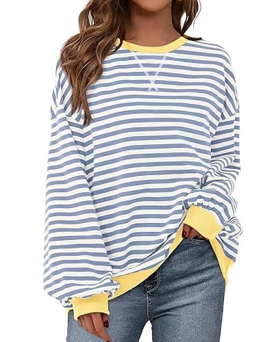 BTFBM Womens Oversized Striped Sweatshirt Crewneck Long Sleeve Pullover Top Casual Y2K Fall Clothes 2025 Workout Shirt - Blue Beige White - Medium