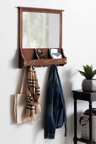 Kate and Laurel Stallard Decorative Wood Home Wall Organizer Mirror with Pockets and Key Hooks, Walnut Brown - Image 1