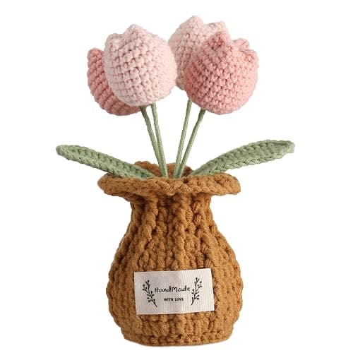 YOOJEE Tulip Crochet Flower Potted Plant Handmade Desk Decor Gift - Image 1