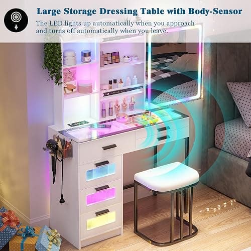 WOOVIVS Glass Top Vanity with LED Mirror, 6 Drawer Dresser with Charging Station for Bedroom, Small Makeup Vanitys Table with RGB Light, Vanity Set with Chair,Jewelry Organizer for Girls-White thumbnail 5