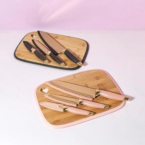 Paris Hilton Bamboo Cutting Board for Kitchen, Reversible Cutting Board and Cutlery Set with High Carbon Stainless Steel Knives and Blade Guards, Comfortable Handle Grips, 7-Piece Set, Gold and Pink thumbnail 9
