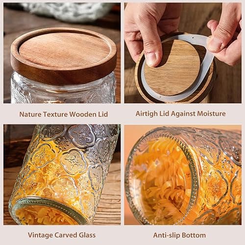 34 OZ/2 PCS Glass Storage Jar with Airtight Bamboo Wooden Lids, Vintage Food Containers Canisters Sets for Kitchen Counter Pantry, Sugar, Flour, Candy, Tea, Coffee Beans, Oats, Grain Bin, Pasta, thumbnail 4