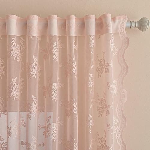 MEETSKY Pink Lace Curtains 63 Inch Length, Sheer Pink Curtain for Girls Room, Floral Vintage Light Filtering Short Curtains for Bedroom Princess Room, Lace Drapes 2 Panels, Each Panel 50W x 63L thumbnail 3