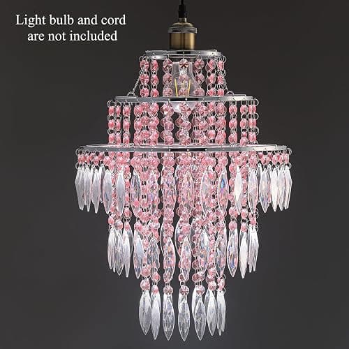 SEEYUAN 3 Tiers Acrylic Chandeliers lamp Shade, Pink Acrylic Beaded Chandelier,Pendant Ceiling Light Shade for Wedding Bedroom Hallway Bathroom - Diameter 13.7''*H17.7'' thumbnail 5