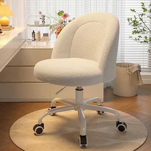 DurayLoly White Vanity Chair with Wheels, Cute Desk Chair with Back, Armless Office Chair Height Adjustable, Soft Lumbar Support for Small Space, Bedroom - Image 1