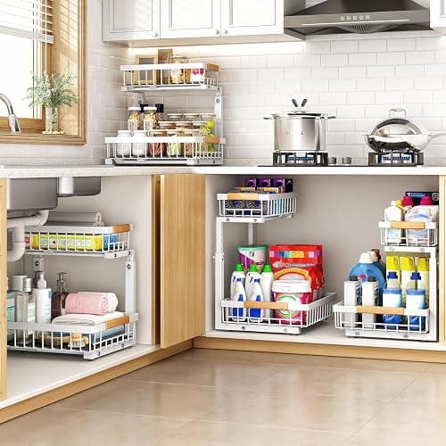 PXRACK Under Sink Organizer, Adjustable Height, 2 Tier Pull Out Under Cabinet Organizer, Slide Out Thickened Metal Under Sink Storage for Kitchen Bathroom Laundry Pantry Cabinet, White, Large-2-Pack thumbnail 7