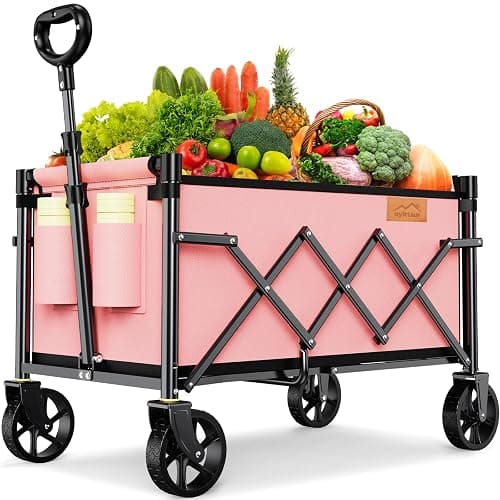 Uyittour Collapsible Wagon Cart Foldable with 220lbs Weight Capacity, Lightweight Portable Folding Grocery Shopping Cart with Wheels for Camping Sports Beach and Shopping, Pink - Pink - 90"L - Image 1