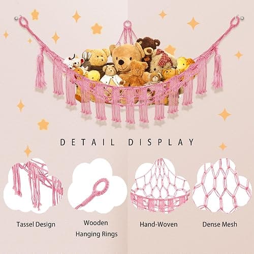 CERETIA Hammock for Stuffed Animals with LED Light, Kids Room Decor Corner, Pink thumbnail 6