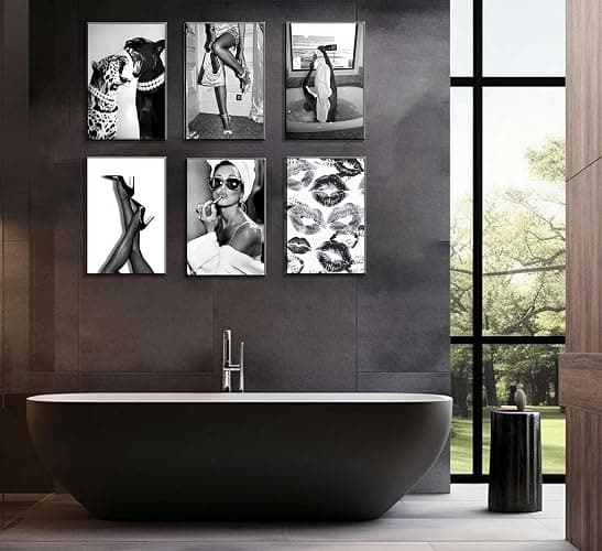 6pcs Trendy Black White Woman Wall Art Luxury Woman Drinking in Bathtub Wall Decor Fashion Cheetah Poster Print Heels Lips Pictures Paintings For Living Room Bedroom Dorm Apartment 8×10 In Unframed thumbnail 2