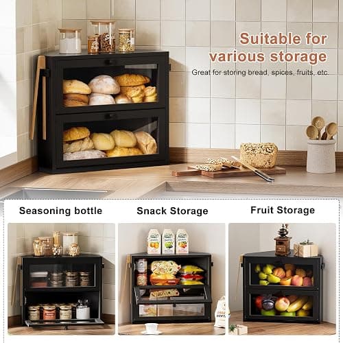 WOWLIVE Corner Bread Box for Kitchen Countertop, Large Double Layer Bread Storage Container for Homemade Bread, Black Bread Holder for Kitchen Counter, Under Cabinet Organizer (Black, Medium) thumbnail 6