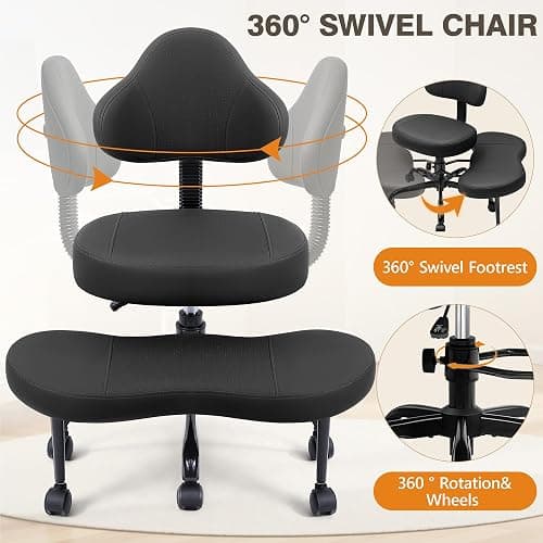 AtHope Cross Legged Office Chair, Criss Cross Desk Chair ADHD Meditation Kneeling Yoga Seat with Adjustable Height, Lumbar Support, Wider Footrest and Wheels (Black) thumbnail 6