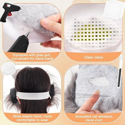 Seenelling 33 Pcs Therian DIY Mask Kit for Beginners Including Blank Cat Mask Faux Fur Fabric Felt Fabric Plastic Mesh Sheet(Classic Colors) thumbnail 3