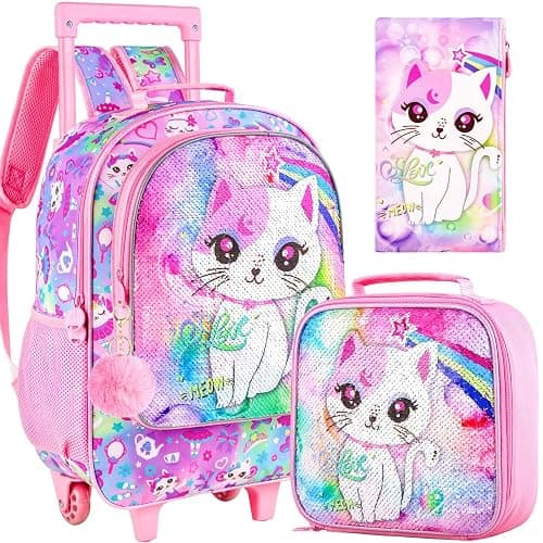 4PCS Kids Rolling Backpack for Girls, Cute Cat Sequin Wheeled Bookbag, Pink Roller School Bag with Wheels for Elementary Preschool Travel - Image 1