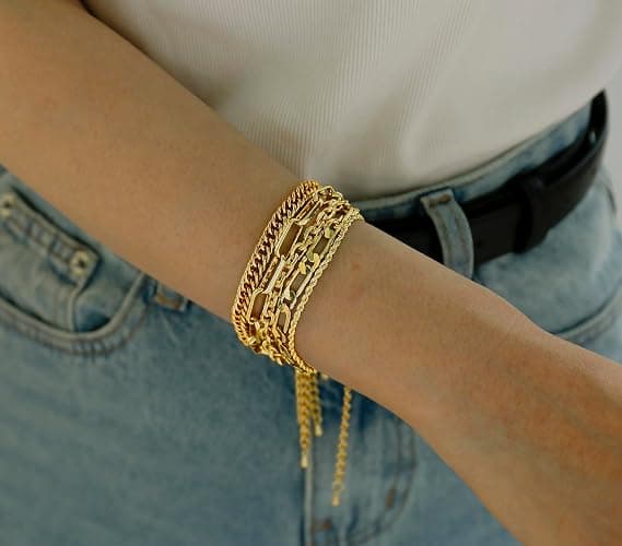 Waterproof Gold Chain Bracelet For Women Non Tarnish,14K Gold Plated Link Dainty Bracelets Stake Layered Bracelet Set Hypoallergen Gold Jewelry thumbnail 5