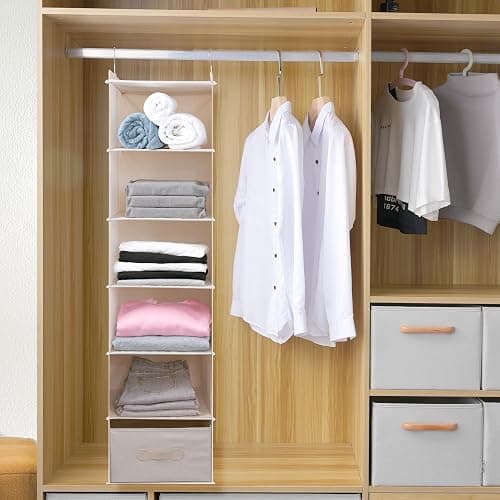 tulinstiraga Large Hanging Sweater Organizer for Closet,Collapsible 6-Shelf Hanging Closet Shelves with Drawers, Washable (Beige -6 Shelf-1 d) thumbnail 2