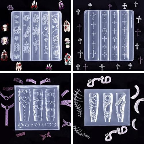 Laza 4pcs Gothic Silicone Nail Art Molds 3D Skull Rose Shaped Nail Molds | Reusable Nail Mold for Nail Art,Good Elasticity,3D Nail Mold, 3D Snake Bones Cross Collar Nail Accessories with Scraper & Pen thumbnail 5