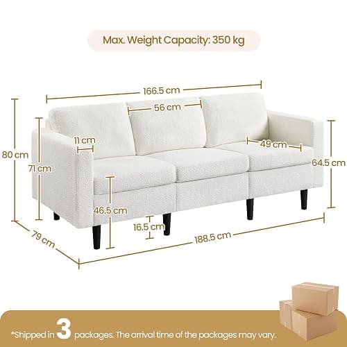 Yaheetech 3 Seater Sofa, Modern Fabric Couch, Upholstered Settee, Sectional Sofa for Living Room, Guest Room, Bedroom, Office, Ivory thumbnail 3