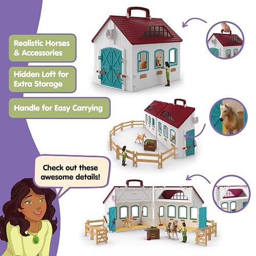 Schleich Horse Club - 60PC Little Horseshoe Open Stable Playset - with 2 Horse Figurines, Action Figure, Stable and Accessories - Toy Horses for Girls and Boys - Kids Ages 5+ | 42703 thumbnail 3