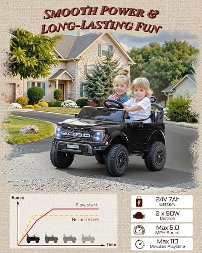 First Ride On 24V Ride on Toys for Big Kids, Licensed Ford F-150 Raptor 2 Seater Kids Ride on Car w/Remote Control, Toddler Electric Car w/LED Lights, Bluetooth, Truck Bed Storage, Soft Start (Black) thumbnail 6