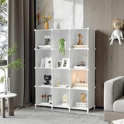 AWTATOS Cube Storage Organizer Storage 12 Cube Bookshelf DIY Plastic Closet Clothes Storage Shelves with Wooden Mallet, Stackable Storage Solution for Home, Bedroom, White thumbnail 2