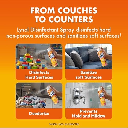 Lysol Disinfectant Spray, Household Cleaning Supplies, Disinfecting Multi-Purpose Room Spray, Antibacterial Sanitizer, Deodorizer, Kills Hantavirus, Mango & Hibiscus, 19 Fl Oz (Pack of 2) thumbnail 4