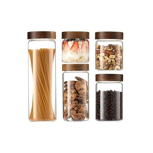 Neutral Kitchen Glass Canister Set of 5 with Acacia Wood Lids Airtight Food Storage Jars for Kitchen Pantry Organization Containers for Spaghetti, Flour, Sugar, Coffee, Tea, Overnight Oats Yogurt More - Image 1