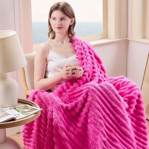 NEWCOSPLAY Super Soft Twin Blanket Hot Pink Premium Silky Flannel Fleece 3D Ribbed Jacquard Lightweight Bed Blanket All Season Use (Hot Pink Ribbed, Twin(60"x80")) thumbnail 3