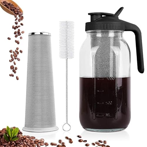 Cold Brew Coffee Maker,64 oz Mason Jar Pitcher with Stainless Steel Filter, Pour Spout Handle Lid, Heavy Duty Glass Airtight & Leak-Proof for Iced Coffee,Tea & Lemonade - Image 1