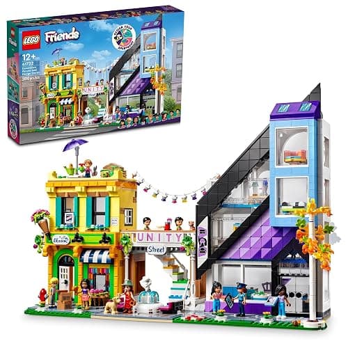 LEGO Friends Downtown Flower and Design Stores 41732 Building Set - Buildable Toy with Apartment, Shops, House, and Classic Characters, Model to Customize, Decorate, and Display for Ages 12+ - Image 1